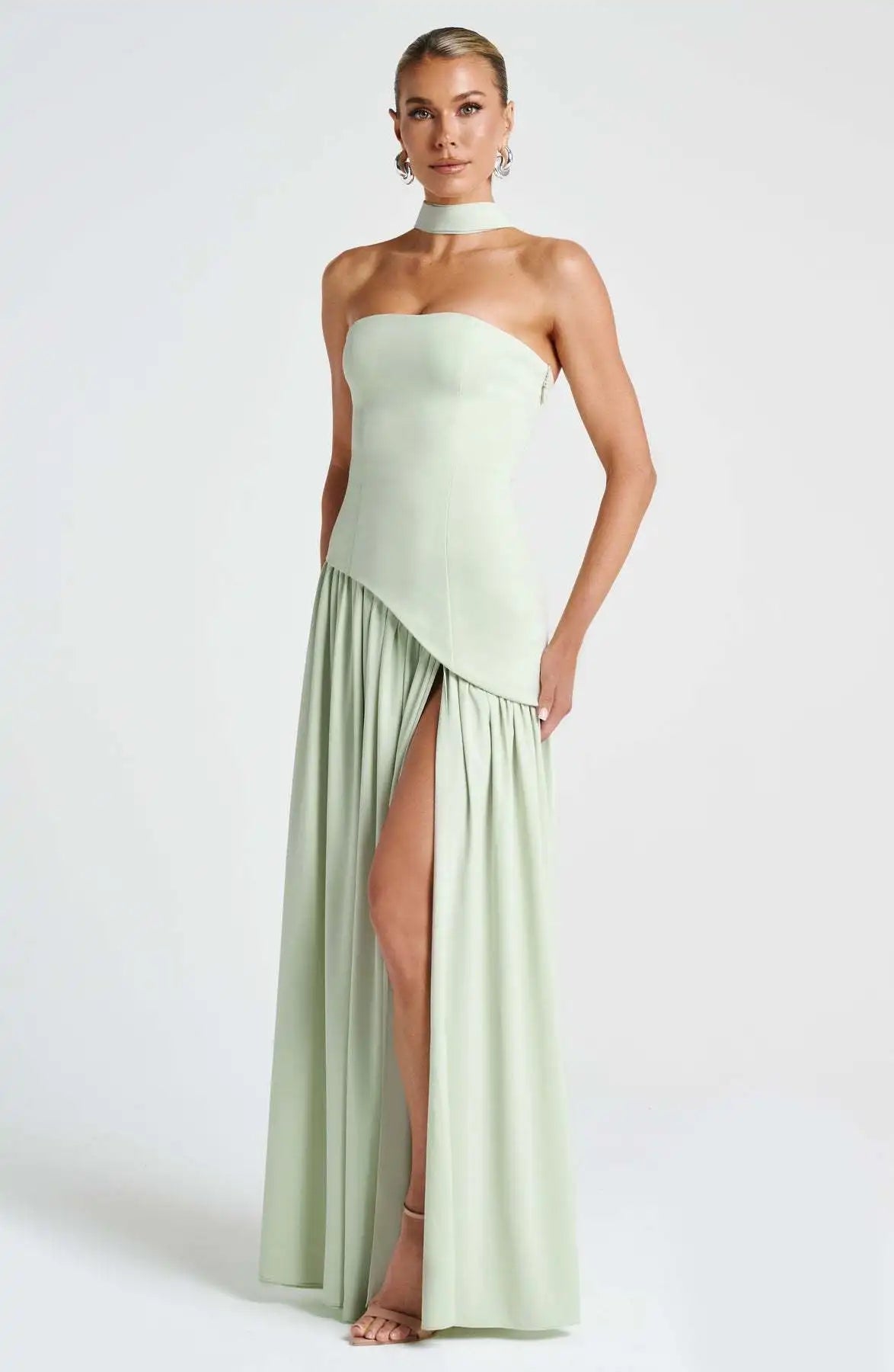 Off-shoulder high split evening gown in Green