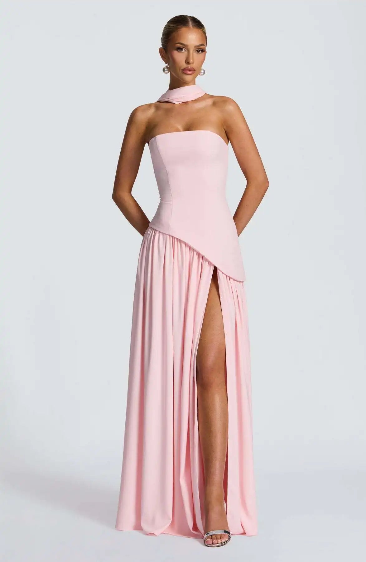 Off-shoulder high split evening gown in Pink