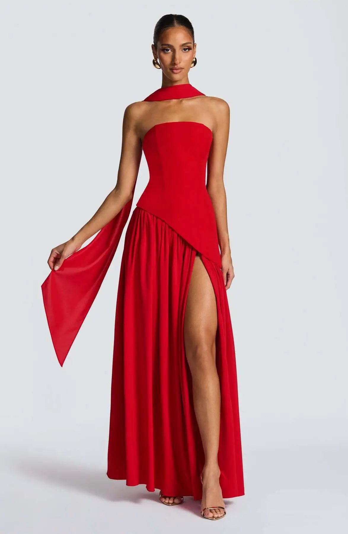 Off-shoulder high split evening gown in Red
