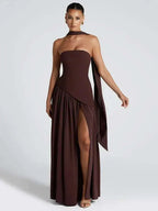 Off-shoulder evening gown, detail of the pleated scarf neckline