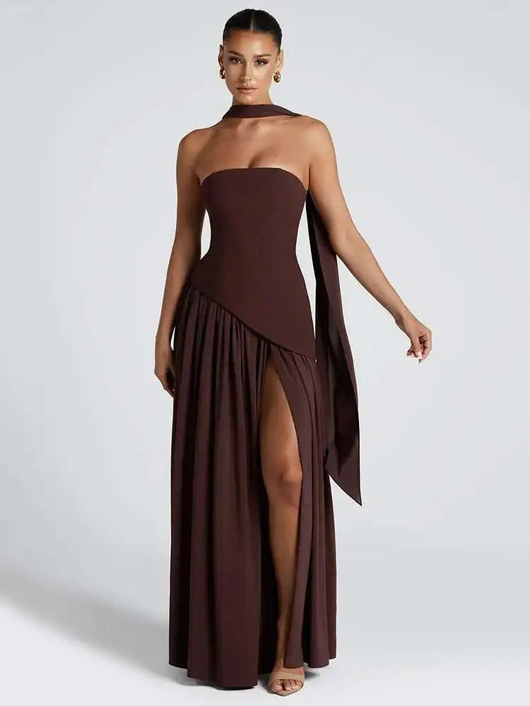 Off-shoulder evening gown, detail of the pleated scarf neckline