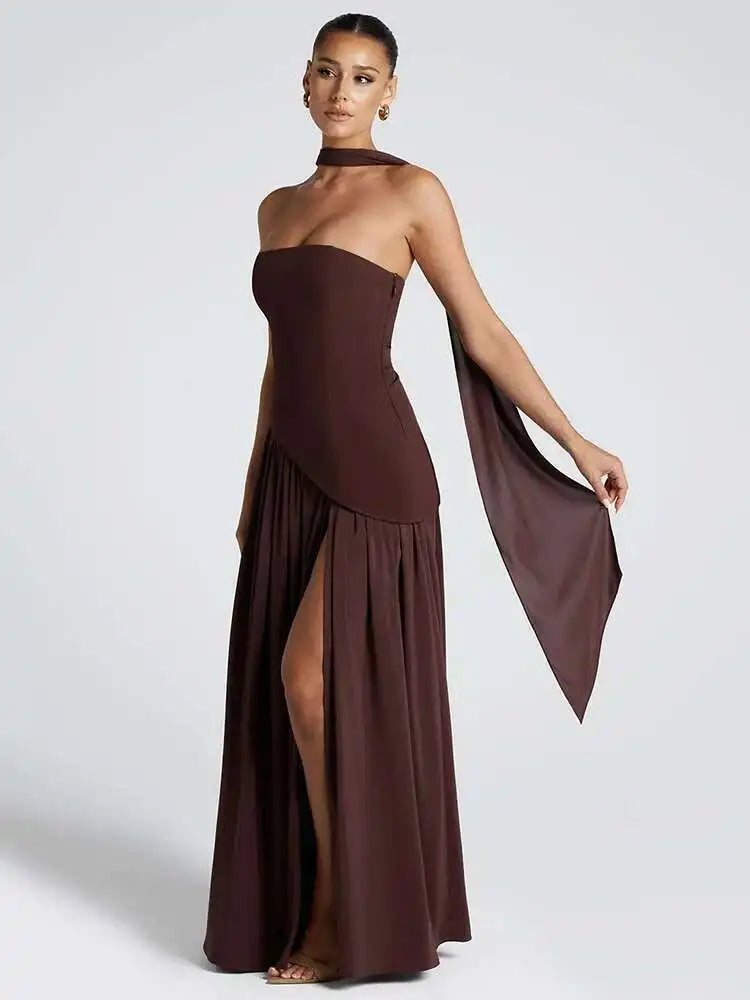 Off-shoulder evening gown, side view showing the high split