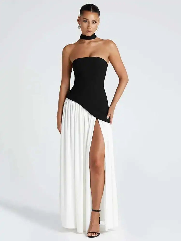 Off-shoulder high split evening gown in Black and White