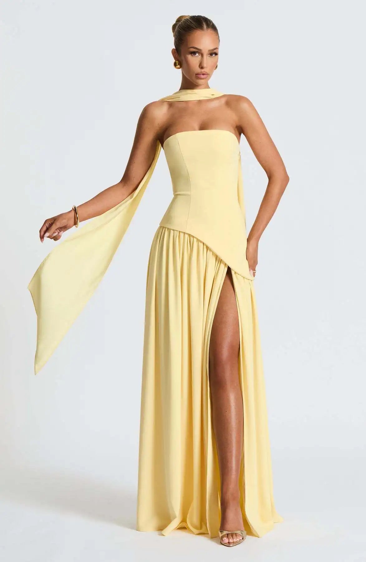 Off-shoulder high split evening gown in Yellow