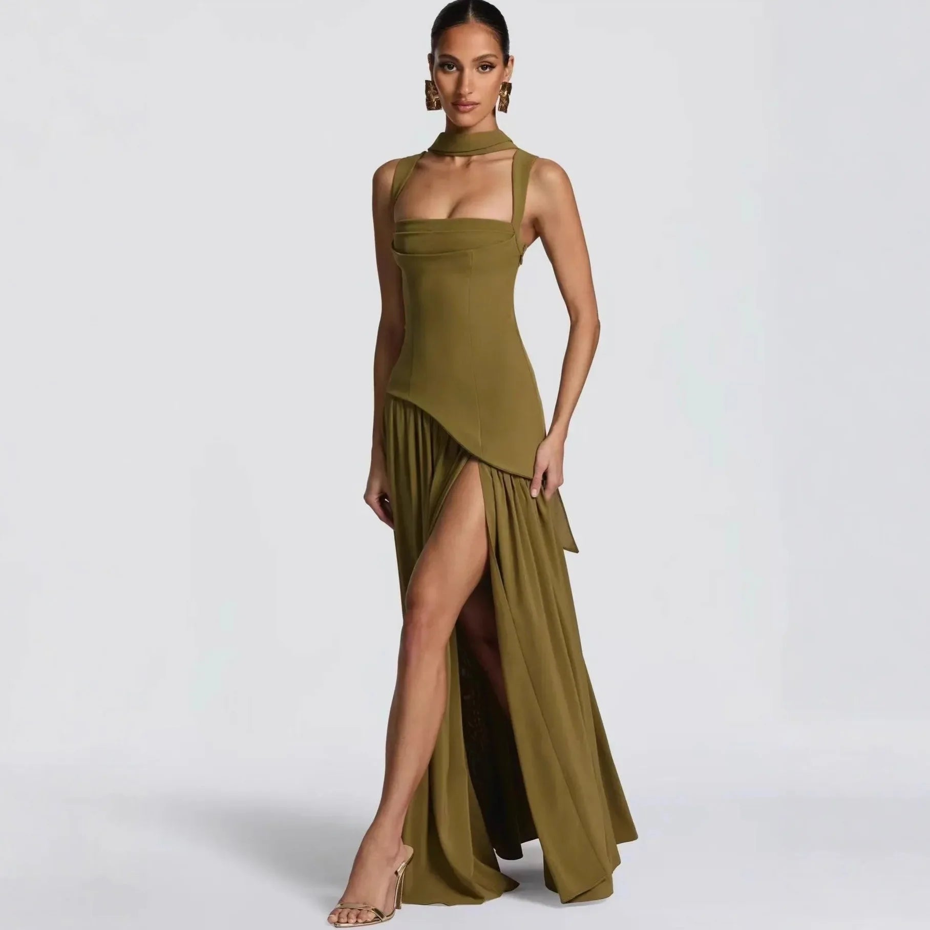 Off-shoulder high split evening gown in Army Green