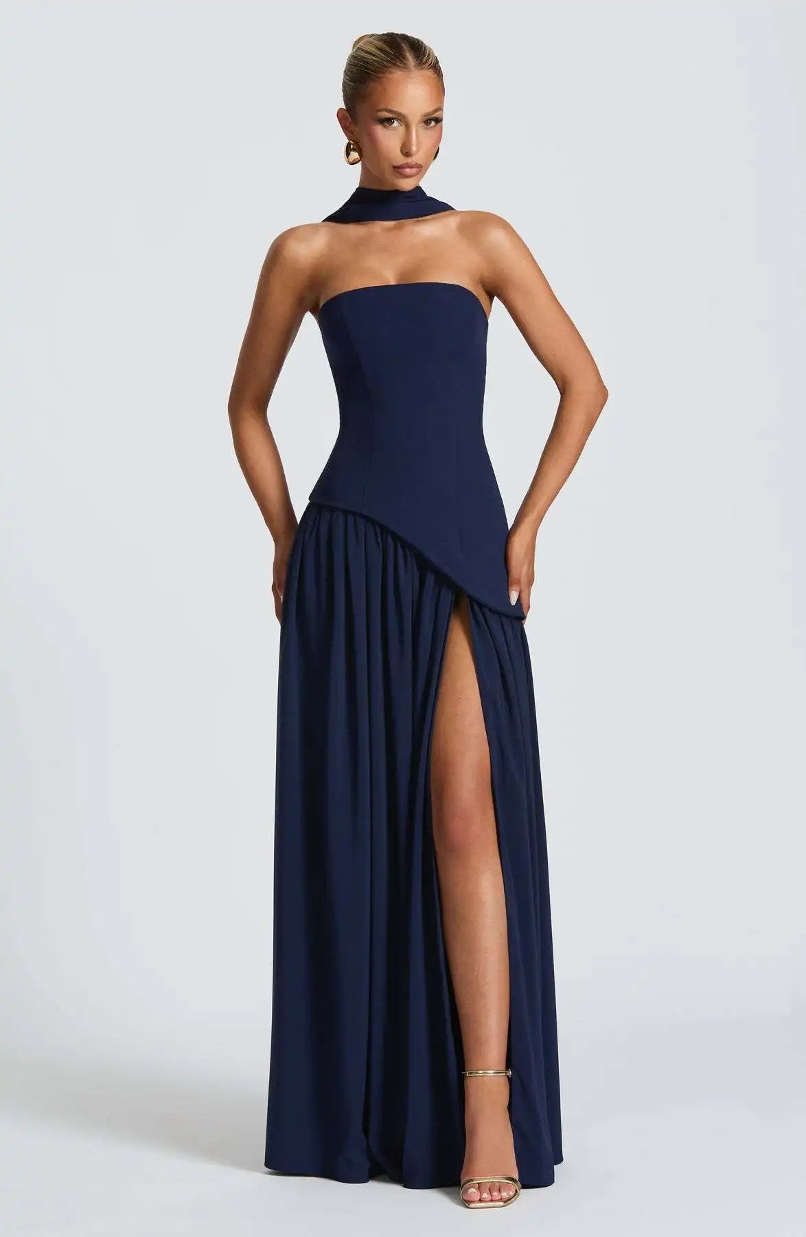 Off-shoulder high split evening gown in Royal Blue