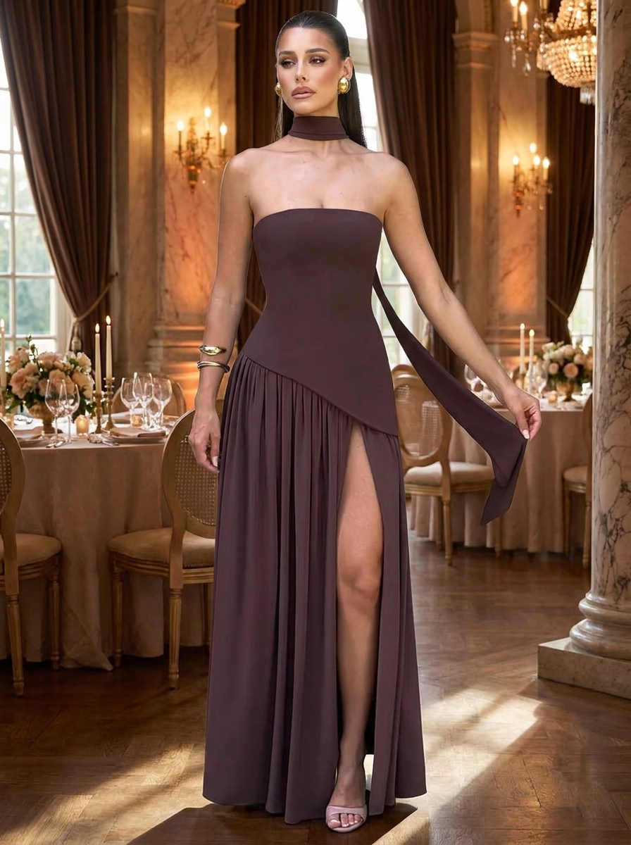 Woman wearing an off-shoulder floor-length evening gown with a high leg split at a formal venue