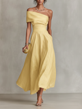One-shoulder summer midi dress in yellow, front view