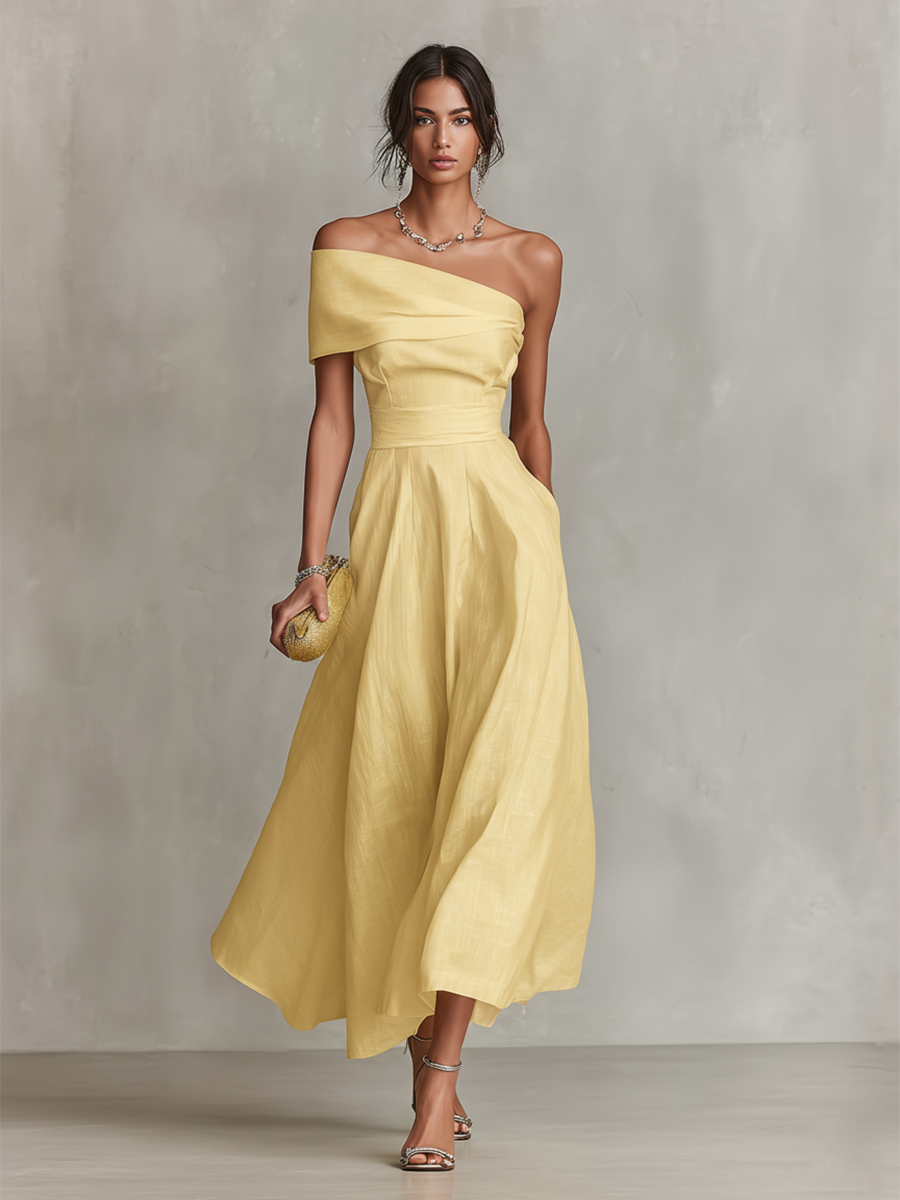 One-shoulder summer midi dress, side view