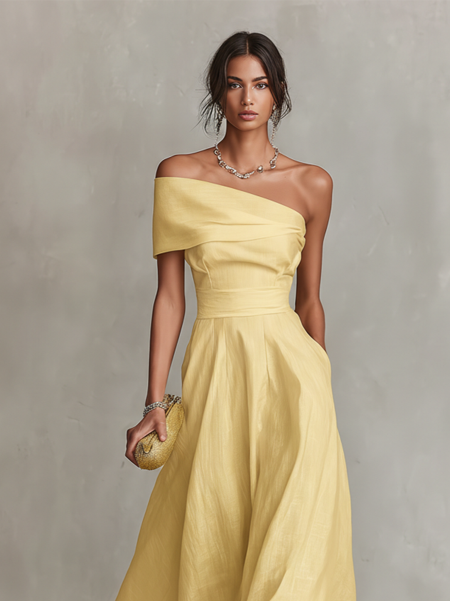 One-shoulder summer midi dress neckline detail