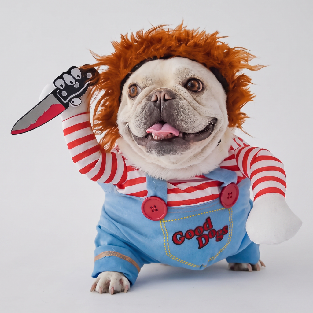Padded doll dog costume shown on a happy dog