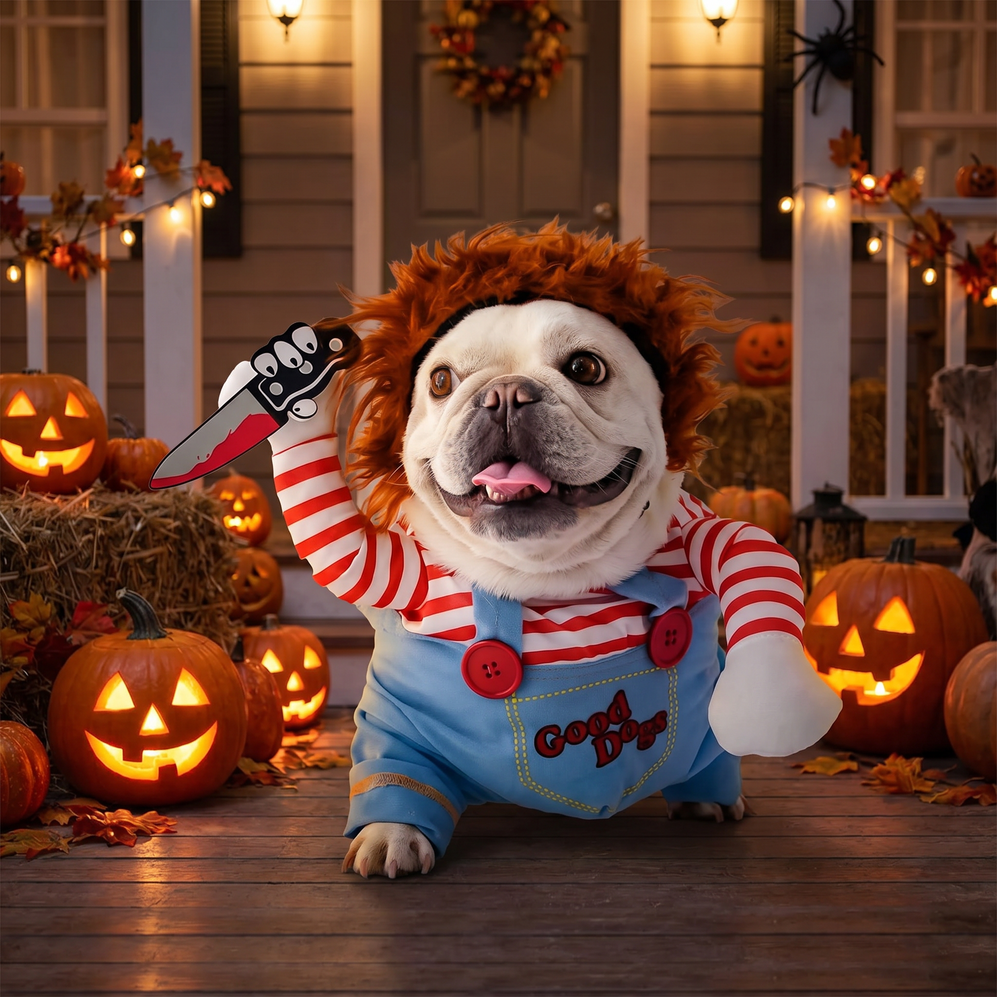 Dog wearing a padded doll Halloween costume on a spooky porch