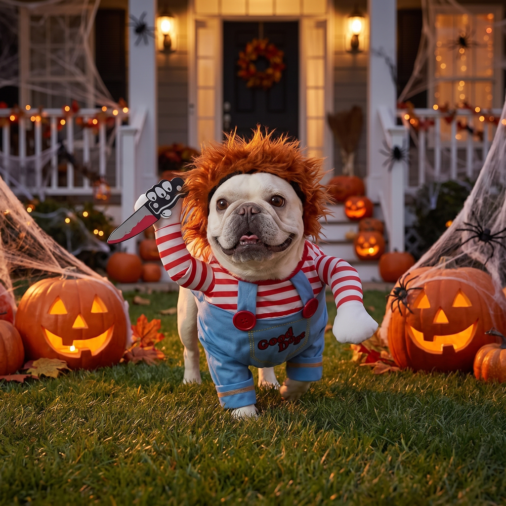Dog wearing a padded doll Halloween costume in a spooky yard