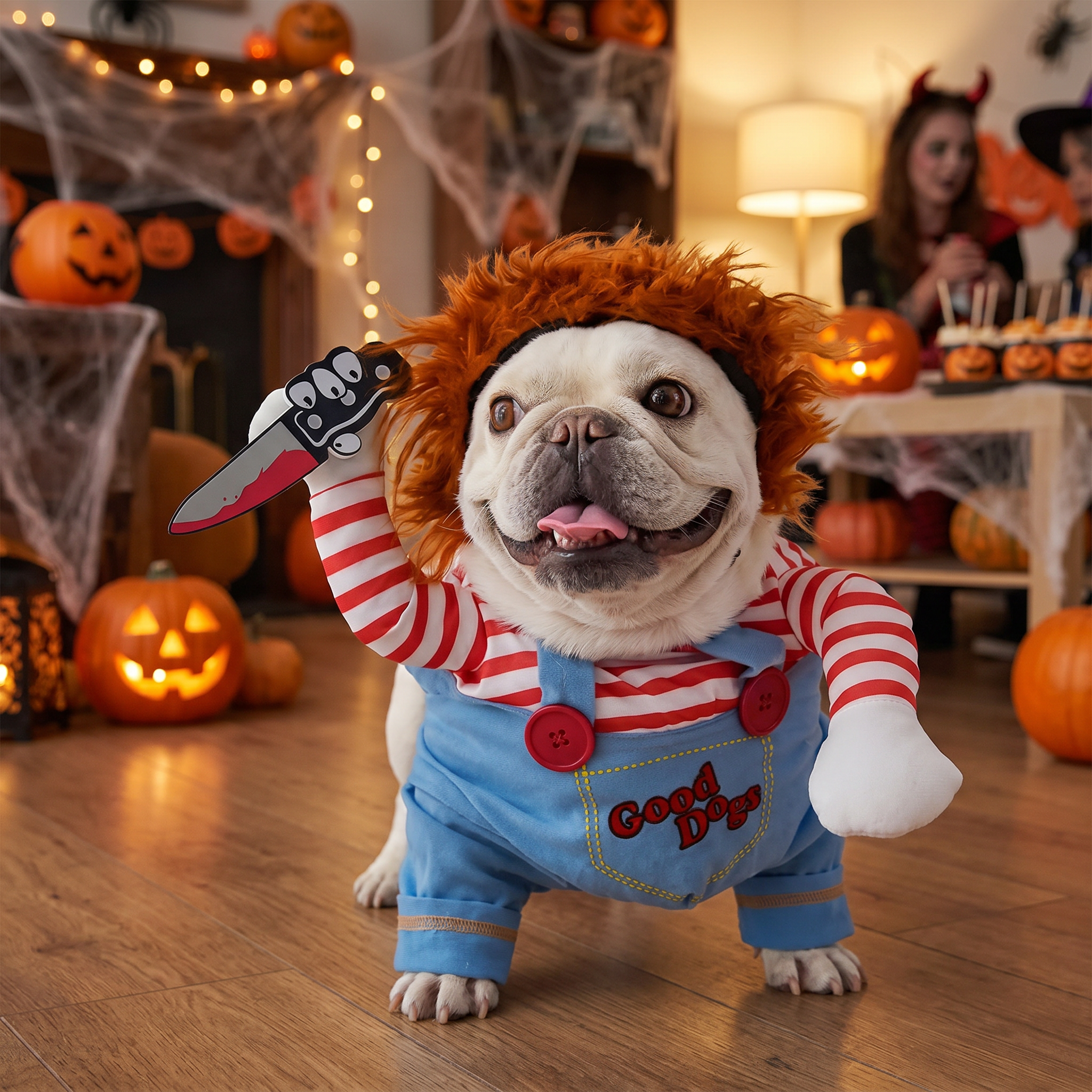 Dog in a padded doll costume at a Halloween party