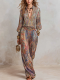 Brown paisley print pantsuit with wide-leg trouser