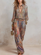 Brown paisley print pantsuit with wide-leg trouser