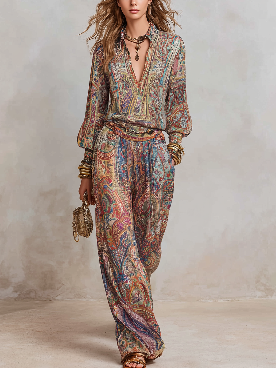Brown paisley print pantsuit with wide-leg trouser
