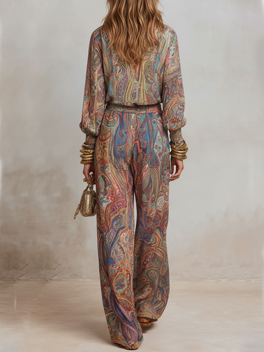Paisley print pantsuit, front view
