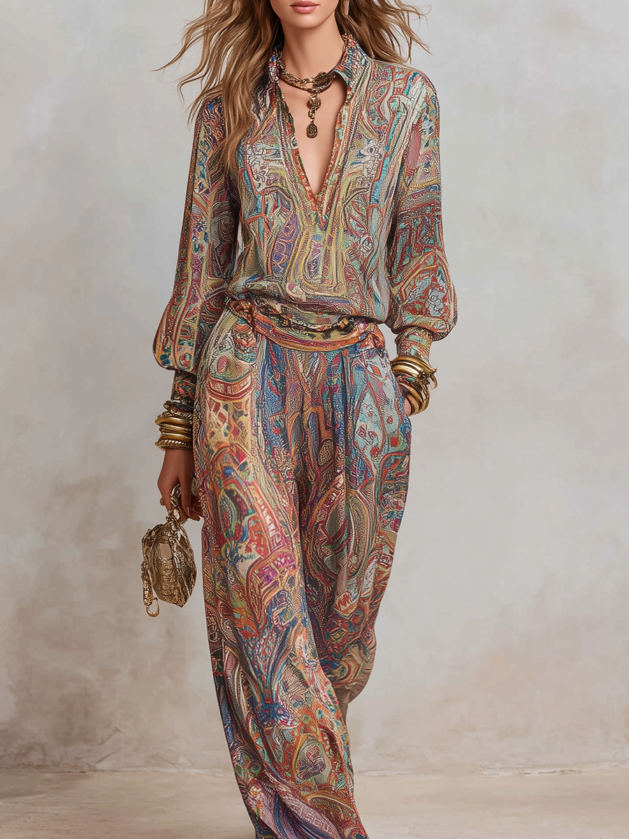 Paisley print pantsuit, side view