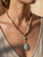 Pastel beaded necklace worn, front view