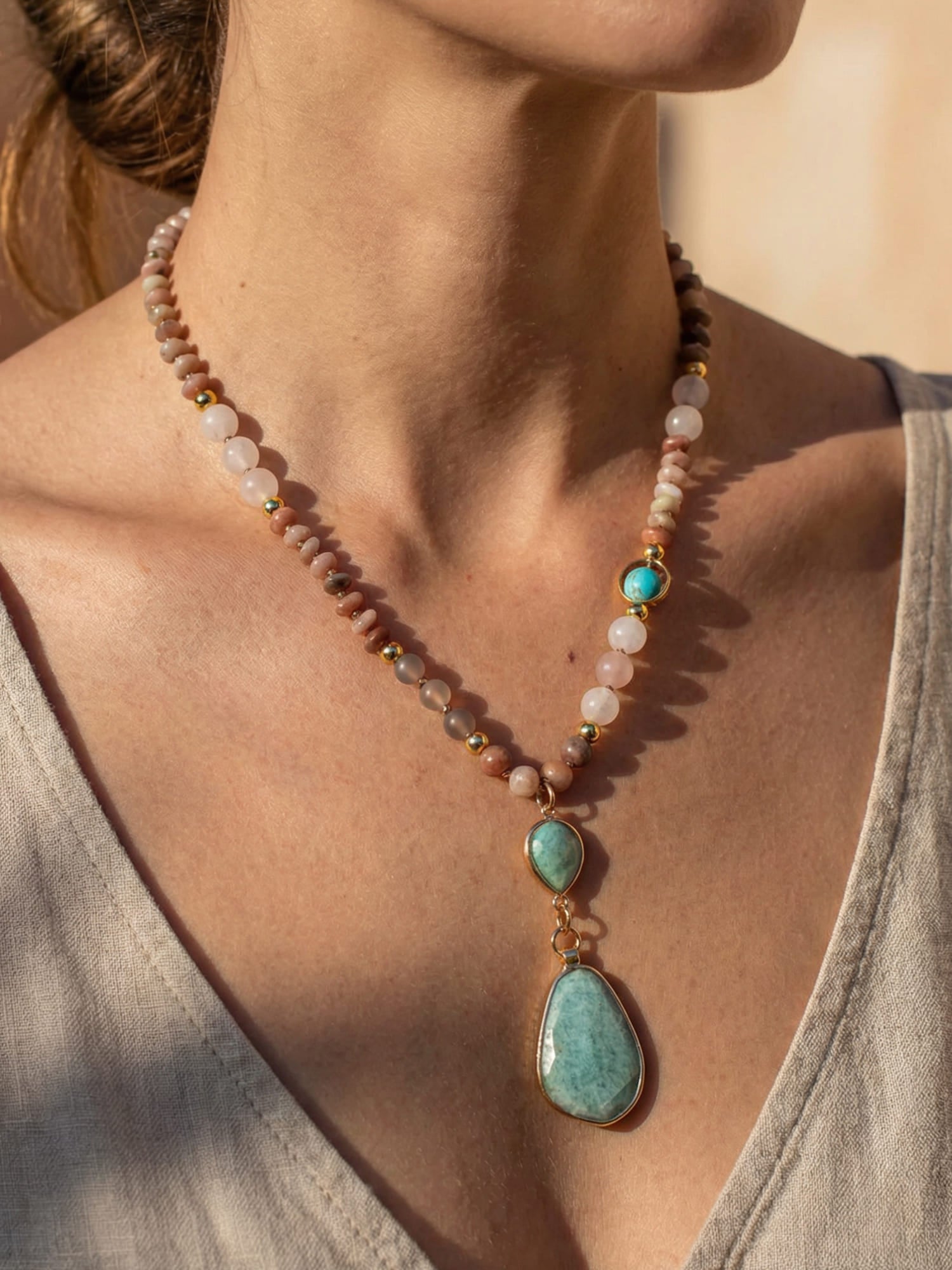 Pastel beaded necklace worn, front view