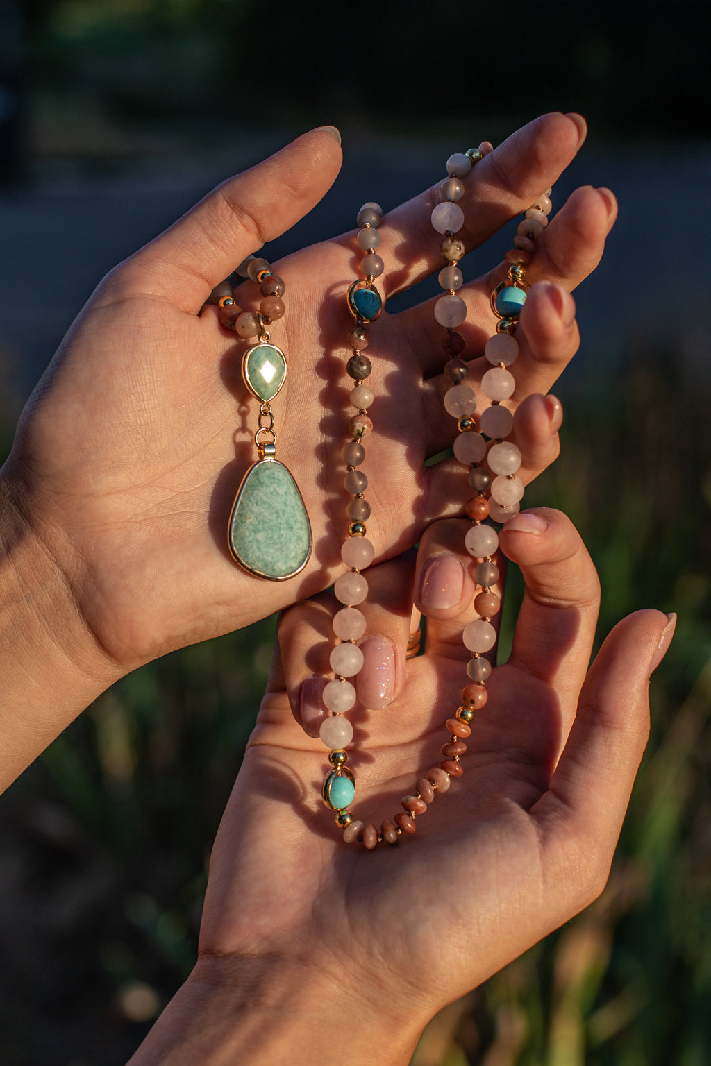 Pastel beaded necklace, styled flat lay