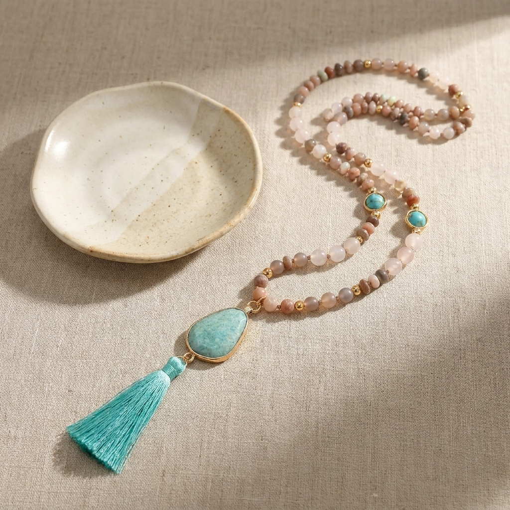 Long hand-strung pastel stone bead necklace laid on a linen surface