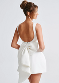 White pearl-beaded mini dress, front view