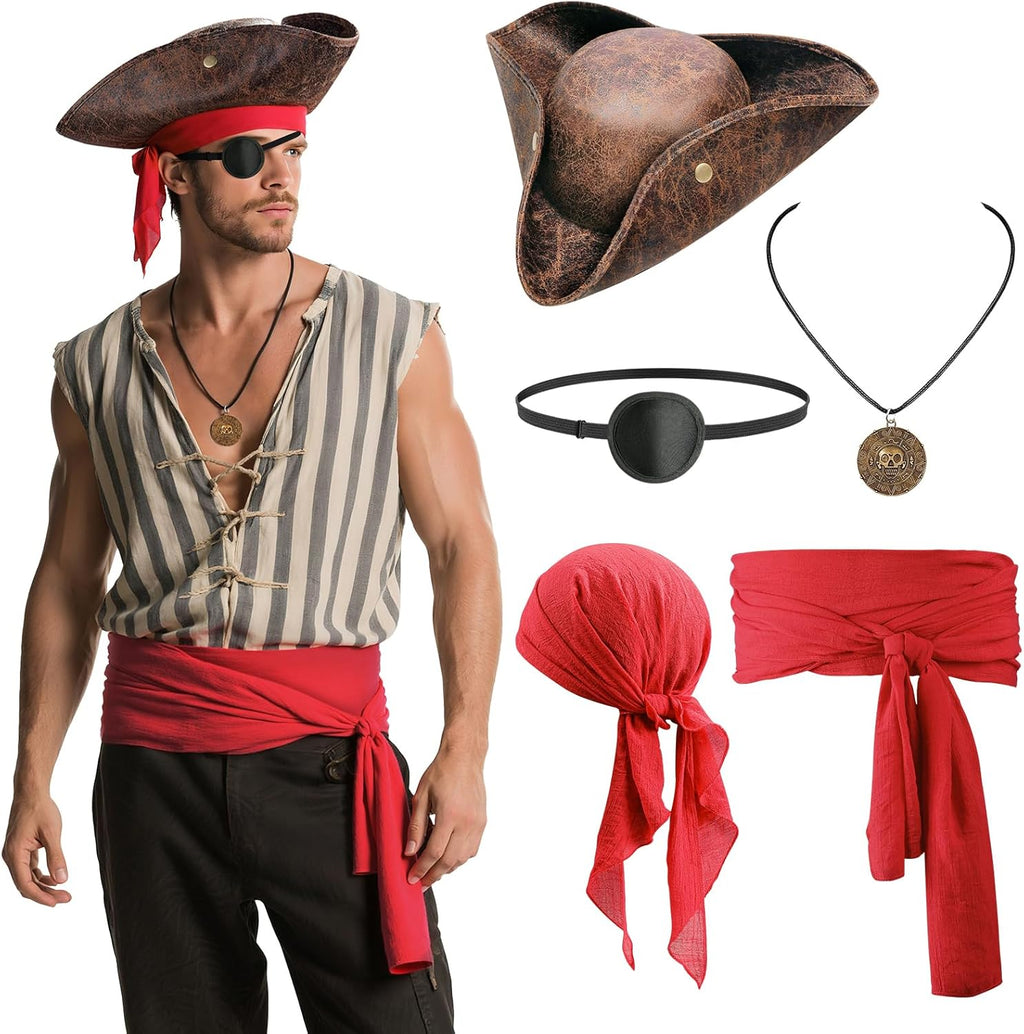 Pirate costume accessory set in red with hat, bandana, sash, eye patch and necklace