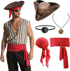 Pirate costume accessory set in red with hat, bandana, sash, eye patch and necklace