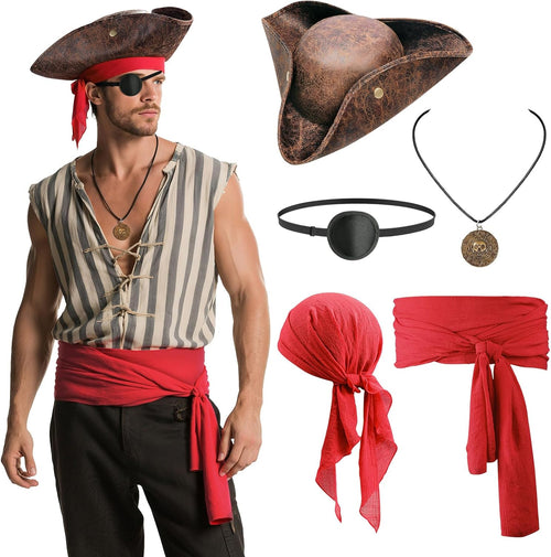 Pirate costume accessory set in red with hat, bandana, sash, eye patch and necklace