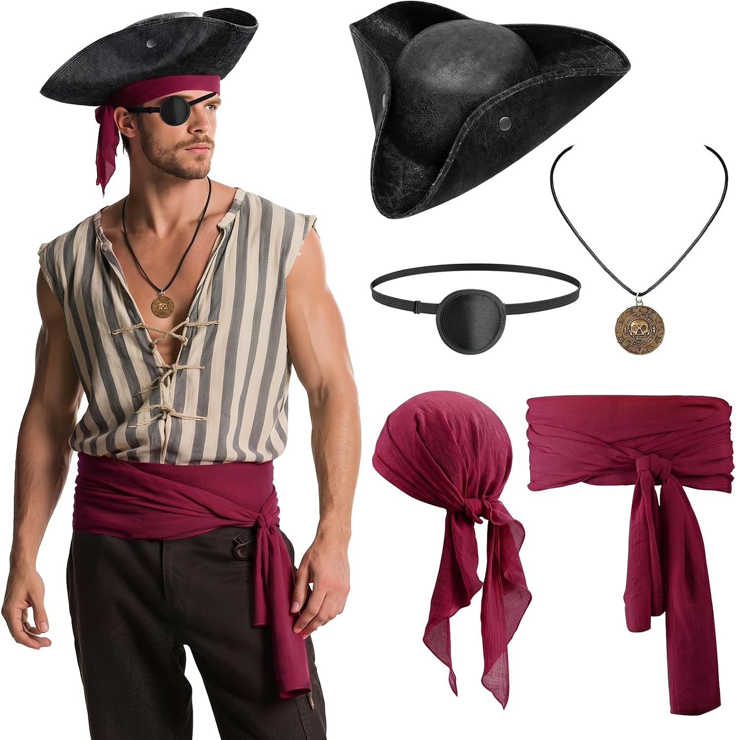 Pirate costume accessory set in wine red with all five pieces