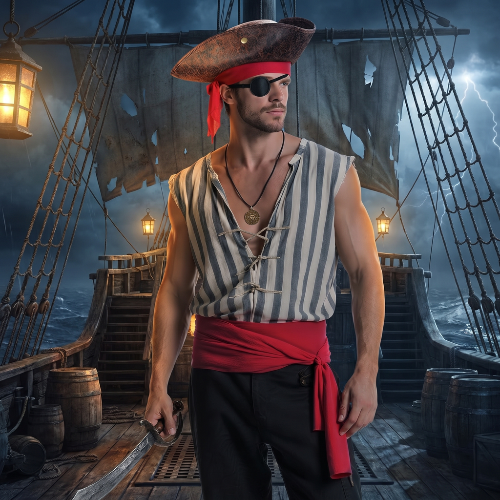 Adult wearing the pirate hat, bandana and eye patch from the accessory set