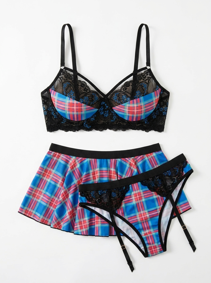 Plaid lace lingerie set on a white background
