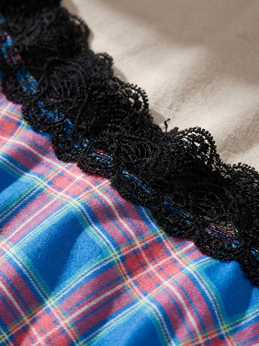 Plaid print and lace fabric detail