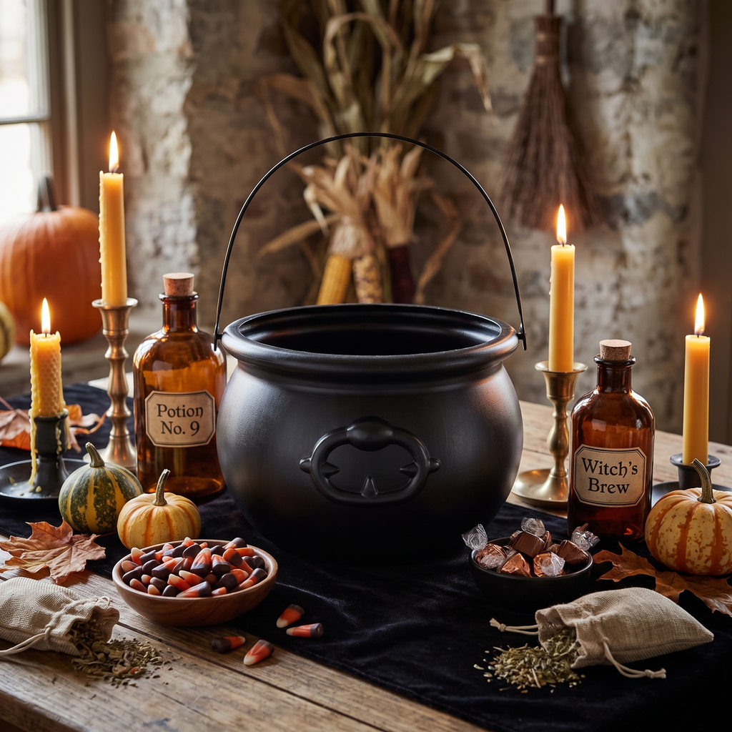 Witch cauldron filled with wrapped candy on a party table