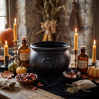 Witch cauldron filled with wrapped candy on a party table
