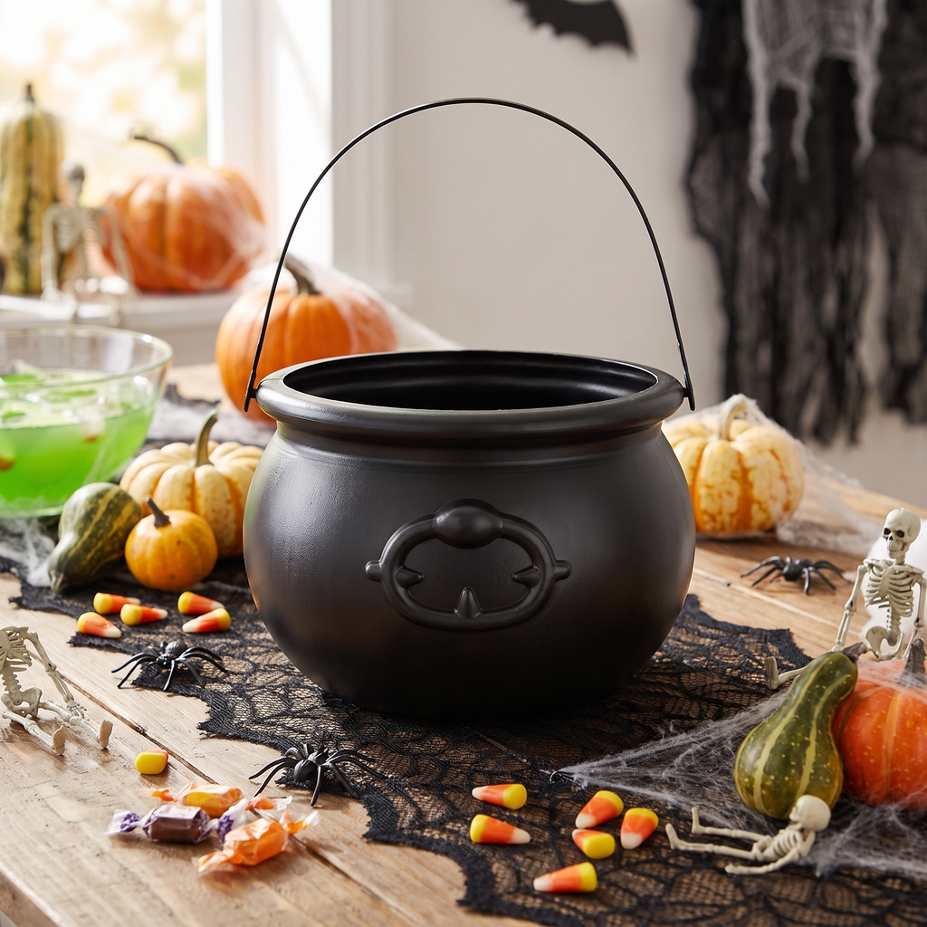 Witch cauldron used as a trick or treat candy bowl