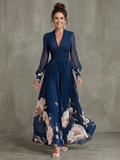 Pleated sheer sleeve maxi dress in navy, front view