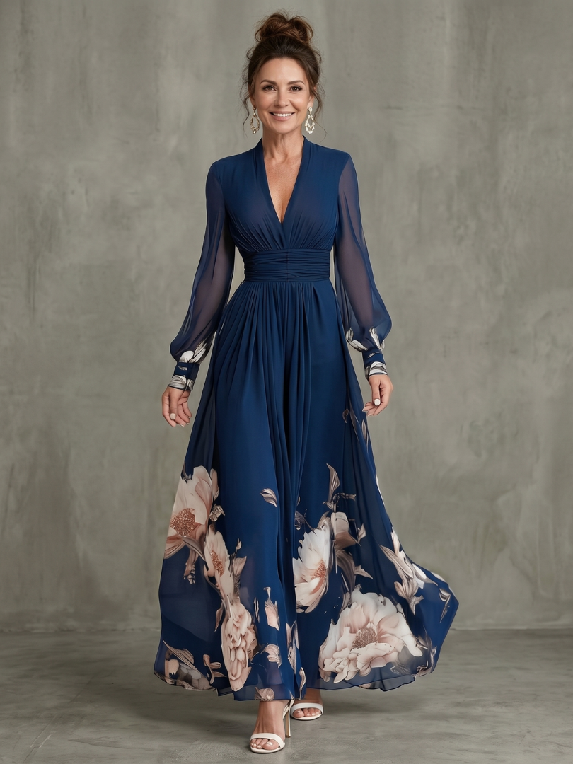 Pleated sheer sleeve maxi dress in navy, front view