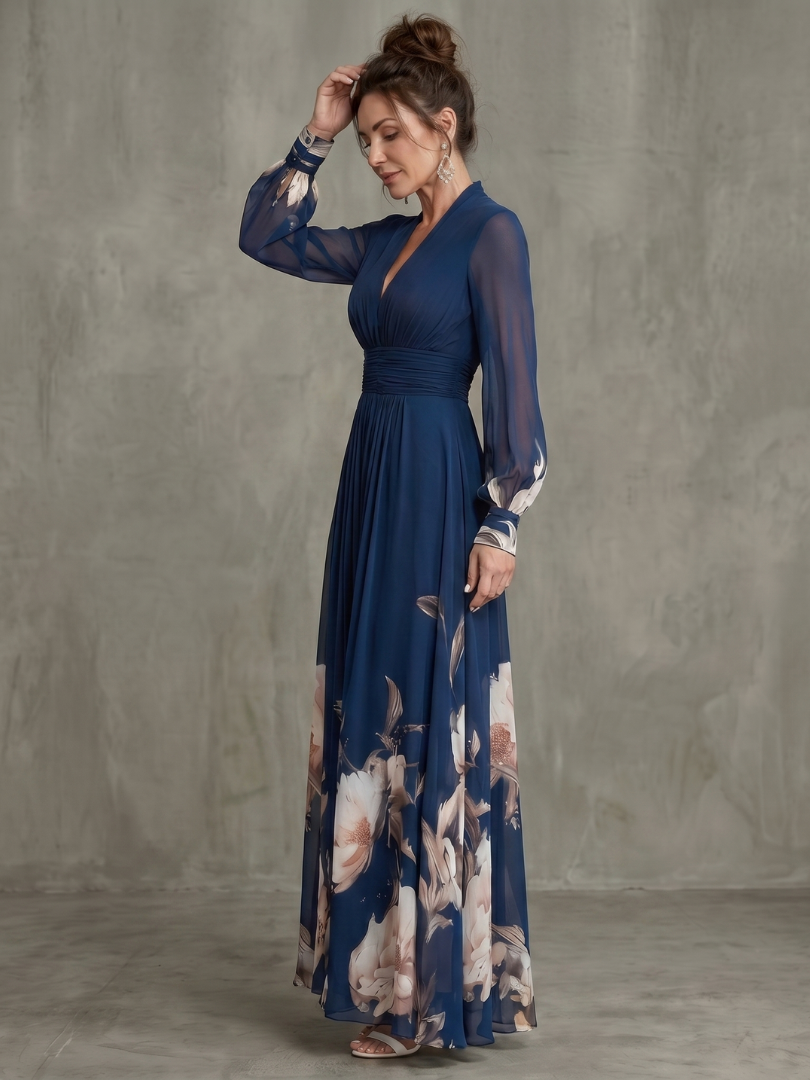 Pleated sheer sleeve maxi dress, side view