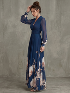 Pleated sheer sleeve maxi dress, side view