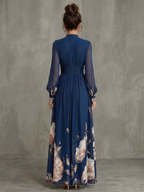 Pleated sheer sleeve maxi dress V neckline and bodice detail