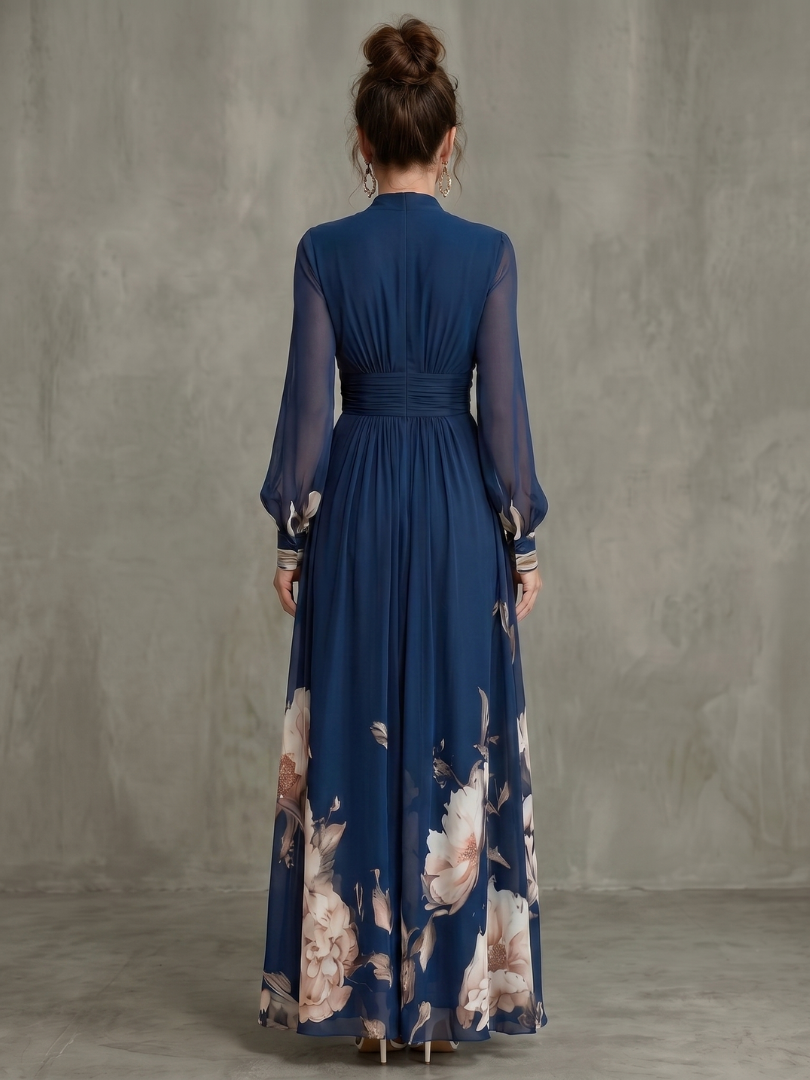 Pleated sheer sleeve maxi dress V neckline and bodice detail