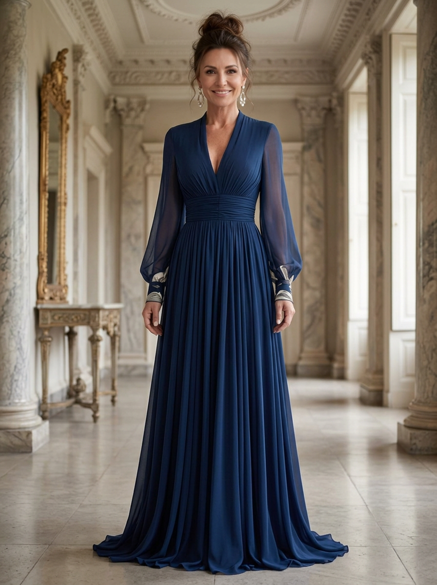 Woman wearing a navy pleated sheer sleeve V-neck maxi gown in a classical interior