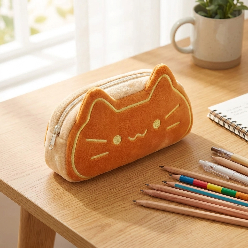 Soft plush zip pen case on a wooden desk beside pens and pencils
