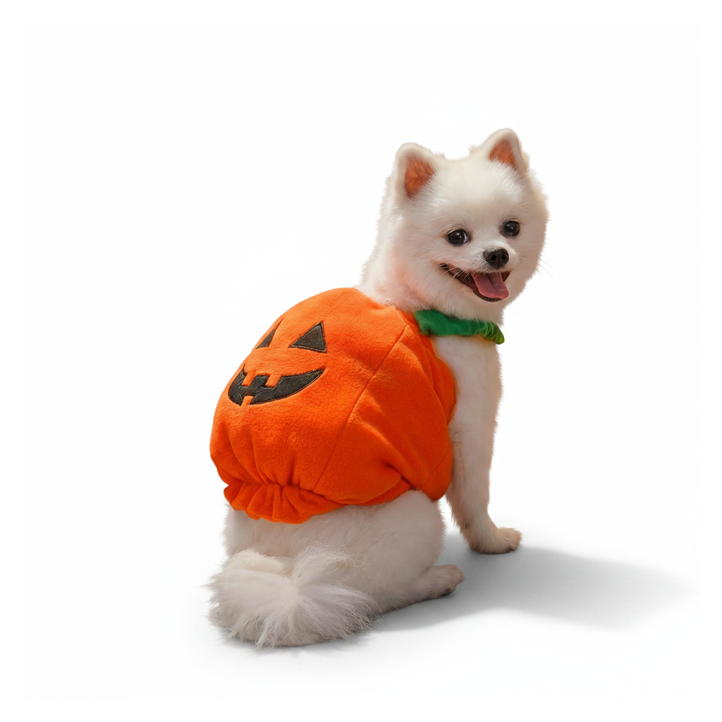 Plush pumpkin pet costume on a white background