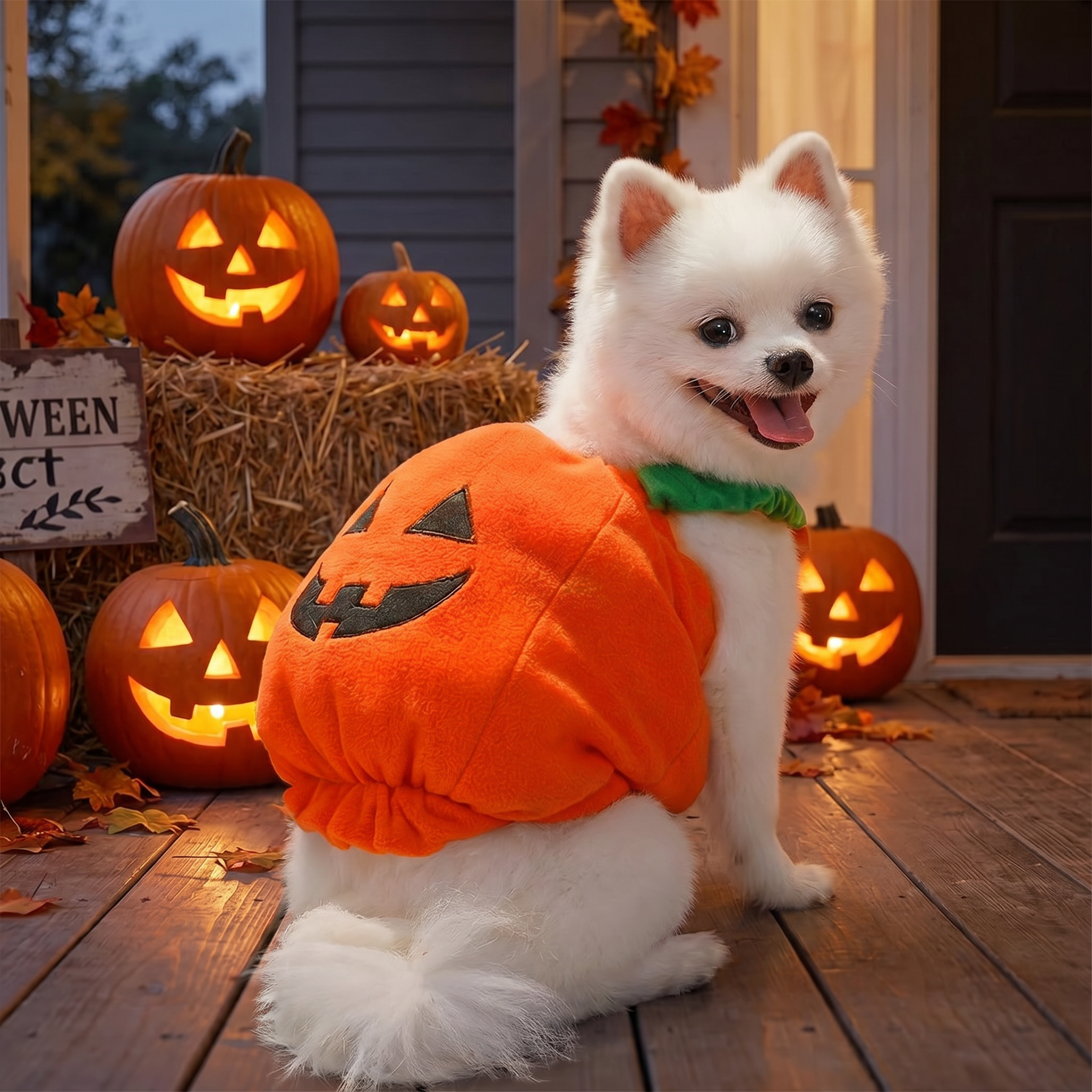 Dog wearing the plush pumpkin costume on a decorated porch