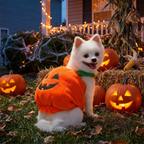 Dog wearing the plush pumpkin costume in a decorated yard