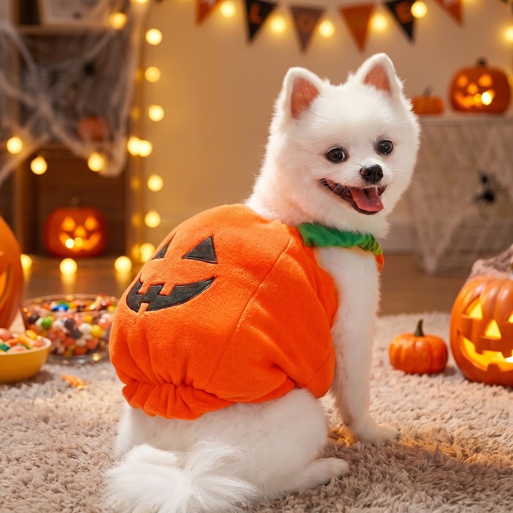 Dog in the pumpkin costume at a Halloween party